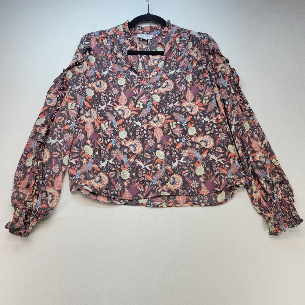 Evereve Blouse Womens XS Brown Floral Boho Ruffle Sleeve Smocked Cuff Top